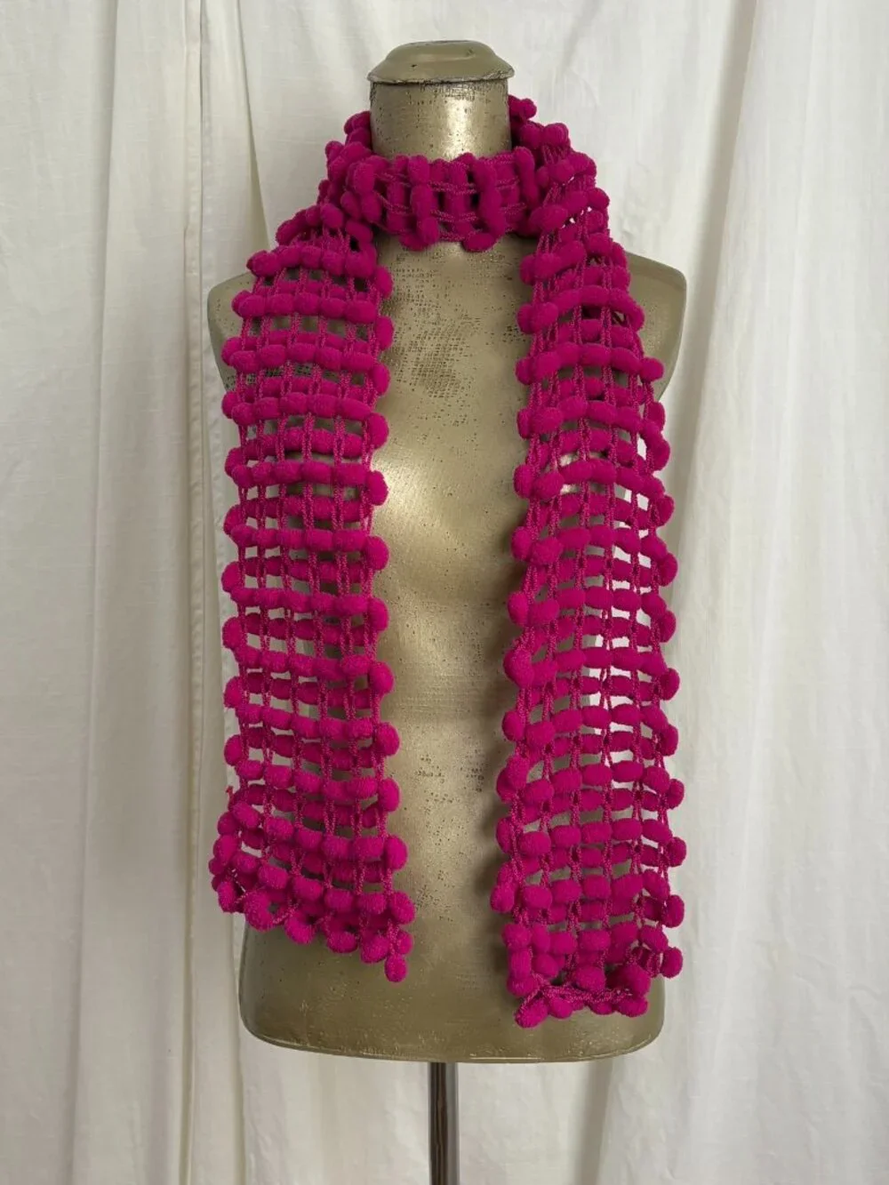 Y2K Hot Pink Pom Pom Scarf Fuzzy Textured Retangle Whimsy Vintage